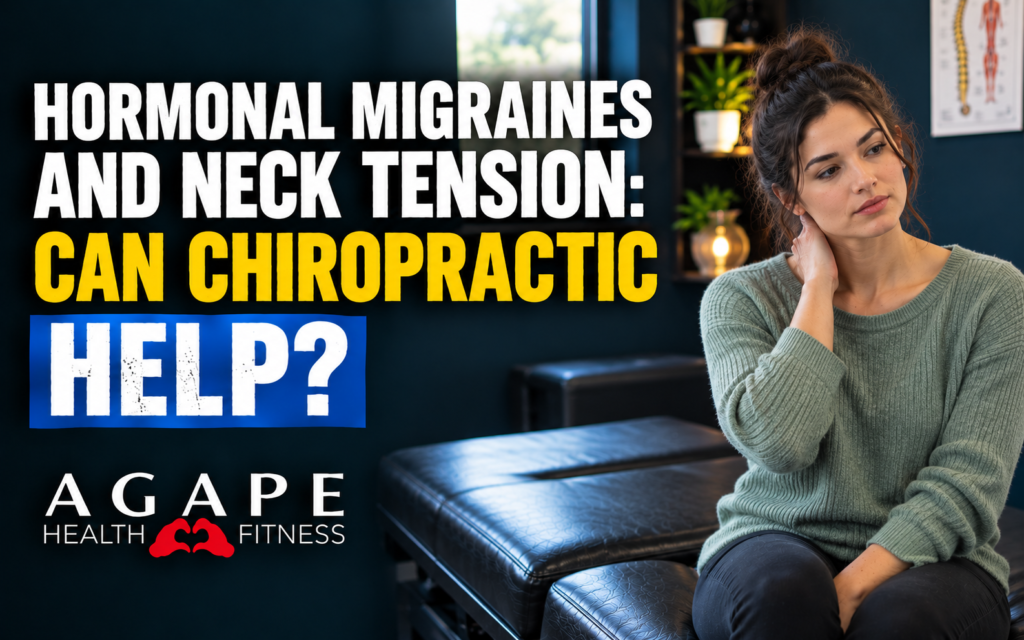 Woman on exam table holding neck, with text: “Hormonal Migraines, Neck Tension, and Chiropractic Care—Can It Help? Agape Health Fitness.”.
