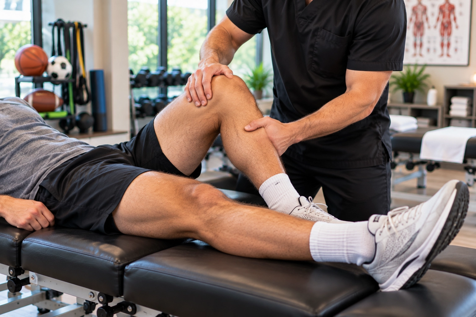 Dr. Job Krugly performs a knee adjustment on a patient at Agape Health & Fitness. Dr. Job Krugly performs a knee adjustment on a patient at Agape Health & Fitness.